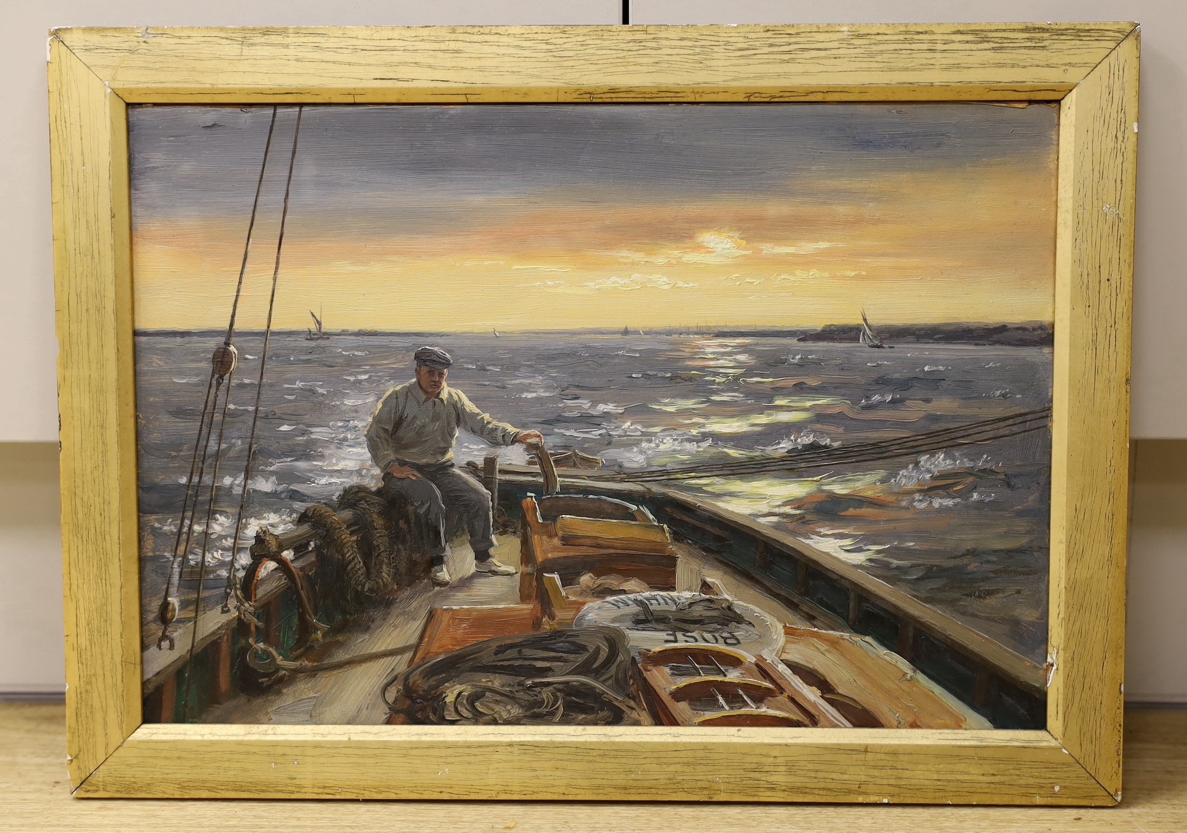 Attributed to Herbert John Everett (1876-1949), oil on card, Seaman steering a ship, 28 x 40cm